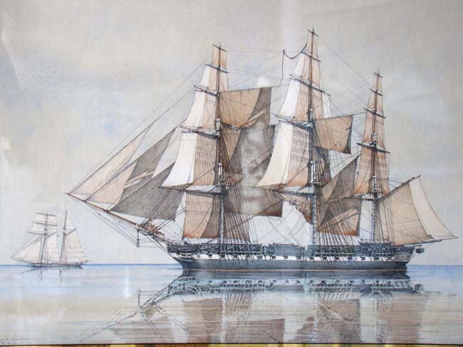 A fine original watercolor painting of the U S S Constitution under full sail by George C. Wolters in 1925.